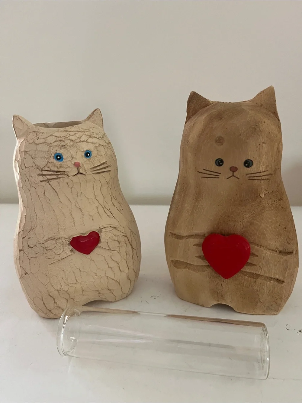 (2) Cat Shaped Resin Bud Vases in tan with red heart trim